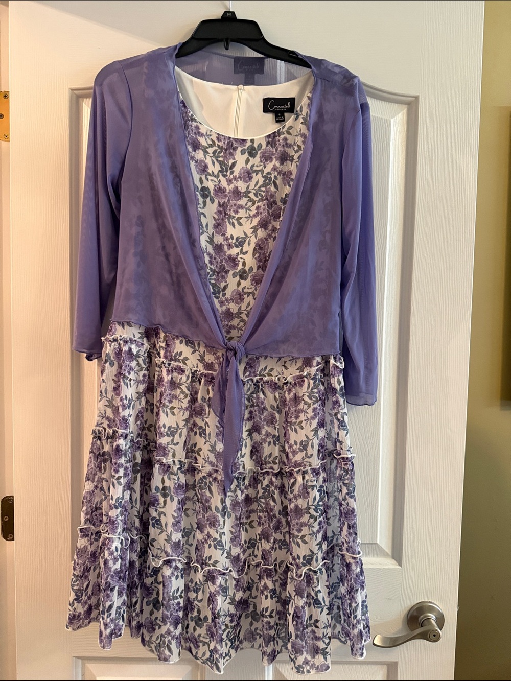 connected apparel Lavender Floral Midi Dress with Sheer Lilac Overlay